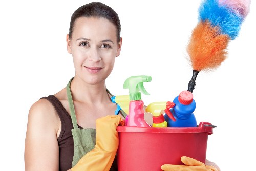 Deep cleaning tools and supplies arranged for home cleaning