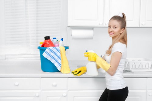 Professional commercial cleaning in a modern office lobby